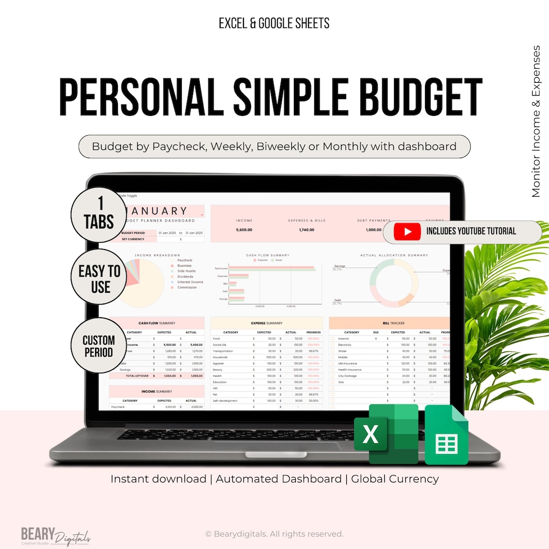 Simple Budget Spreadsheet – Google Sheets & Excel - Etsy