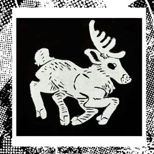 May include: A black and white graphic print featuring a stylized illustration of a deer with prominent antlers. The deer is depicted in a running pose with a short tail and textured markings on its body, set against a solid black square background.