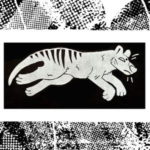 May include: A black and white graphic print featuring a stylised tiger in a running pose. The tiger is rendered in white against a solid black rectangular background, with additional black and white halftone dot patterns bordering the top and bottom.