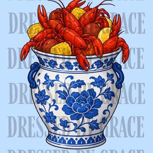 Könnte beinhalten: Digitale Illustration einer blau-weißen Keramikschale, gefüllt mit einem Langusten-Boil. Die Schale hat ein Blumenmuster und ist überfüllt mit roten Langusten, Mais, Kartoffeln und einer Zitronenscheibe. Der Text "DRESSED BY GRACE" ist im Hintergrund.