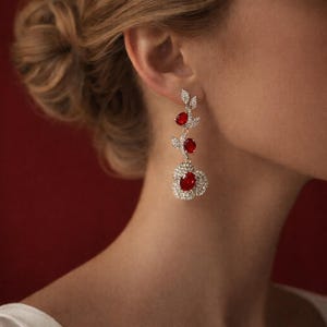 Vintage robijnrode drop oorbellen, bloemen roos bruidsoorbellen, elegante bruiloft statement sieraden, kristallen hangoorbellen voor bruid