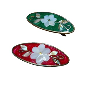 Vintage Mother of Pearl Floral Hair Barrettes Red Green Abalone Set 2 VINTAGE ALPACA SILVER MEXICO INLAID ABALONE MOTHER OF PEARL  main image 4