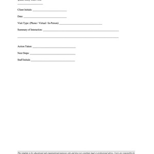 Peut inclure: Un document blanc intitul&eacute; "Quick-Entry Case Note" avec des champs pour les initiales du client, la date, le type de visite, le r&eacute;sum&eacute; de l'interaction, l'action entreprise, les prochaines &eacute;tapes et les initiales du personnel.