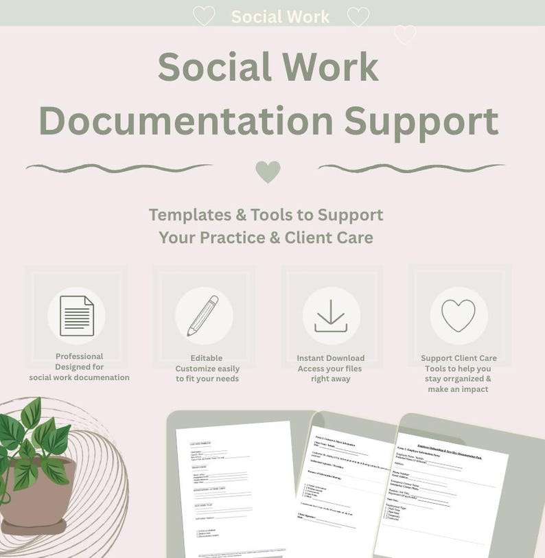 Peut inclure: Graphique rose clair avec le texte "Social Work Documentation Support". L'image comprend des ic&ocirc;nes repr&eacute;sentant la documentation professionnelle, des mod&egrave;les modifiables, des t&eacute;l&eacute;chargements instantan&eacute;s et le soutien aux soins aux clients. Un pot de plante est dans le coin inf&eacute;rieur gauche.