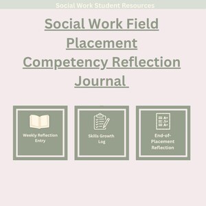 May include: A light beige graphic with text that reads "Social Work Field Placement Competency Reflection Journal." Below the text are three square icons with text: "Weekly Reflection Entry," "Skills Growth Log," and "End-of-Placement Reflection."