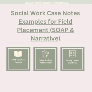 May include: A graphic with text: "Social Work Case Notes Examples for Field Placement (SOAP & Narrative)". Below are three framed icons: a book, a clipboard with a pen, and a list. The icons have text below them: "SOAP Case Note Example", "Follow-Up Case Note Example", and "Writing Tips for Case Notes".