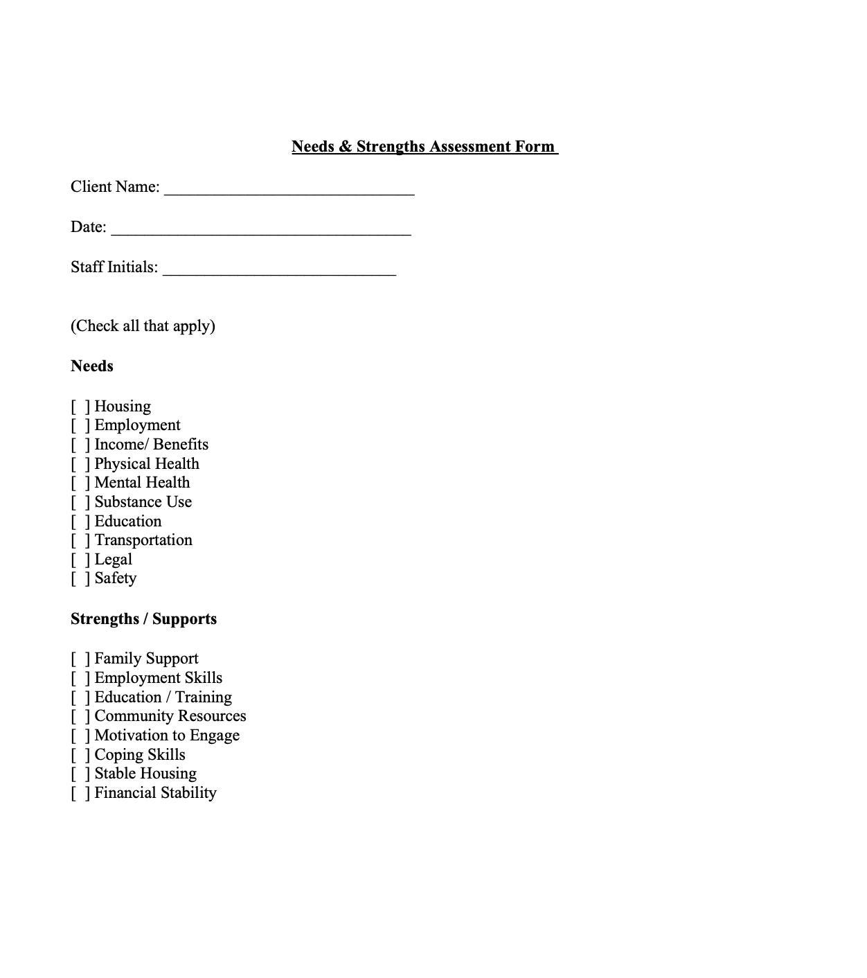 Needs & Strengths Assessment Form - Etsy