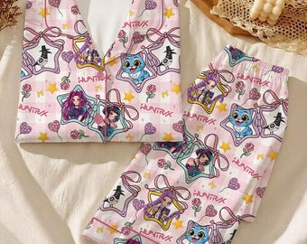 Pink Huntrix Kids Pajama Set, Cute KPop Girl Sleepwear, Girls Short Sleeve Button Up PJs, Soft Summer Kids Lounge Set Gift