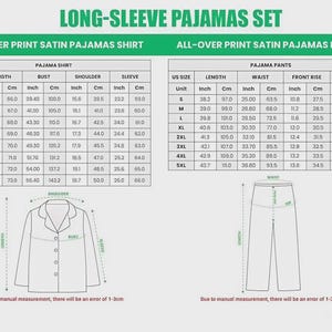May include: Detailed chart for a long-sleeve pajamas set, including shirt and pants measurements. The chart provides sizes from S to 5XL, with measurements in inches and centimeters for length, bust, shoulder, sleeve, waist, front rise, and hip. Text at the bottom states, "Due to manual measurement, there will be an error of 1-3cm."