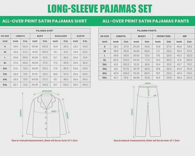 May include: Detailed chart for a long-sleeve pajamas set, including shirt and pants measurements. The chart provides sizes from S to 5XL, with measurements in inches and centimeters for length, bust, shoulder, sleeve, waist, front rise, and hip. Text at the bottom states, "Due to manual measurement, there will be an error of 1-3cm."