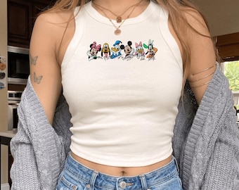 Canotta coordinata ricamata con i personaggi Disney Friends, Topolino, Minnie, Paperino, Paperina, Pluto e Pippo, top corto, completo di gruppo carino, maglietta per la famiglia per un viaggio a Disneyland