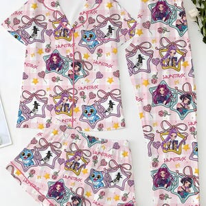Pink Huntrix Kids Pajama Set, Cute KPop Girl Sleepwear, Girls Short Sleeve Button Up PJs, Soft Summer Kids Lounge Set Gift image 2