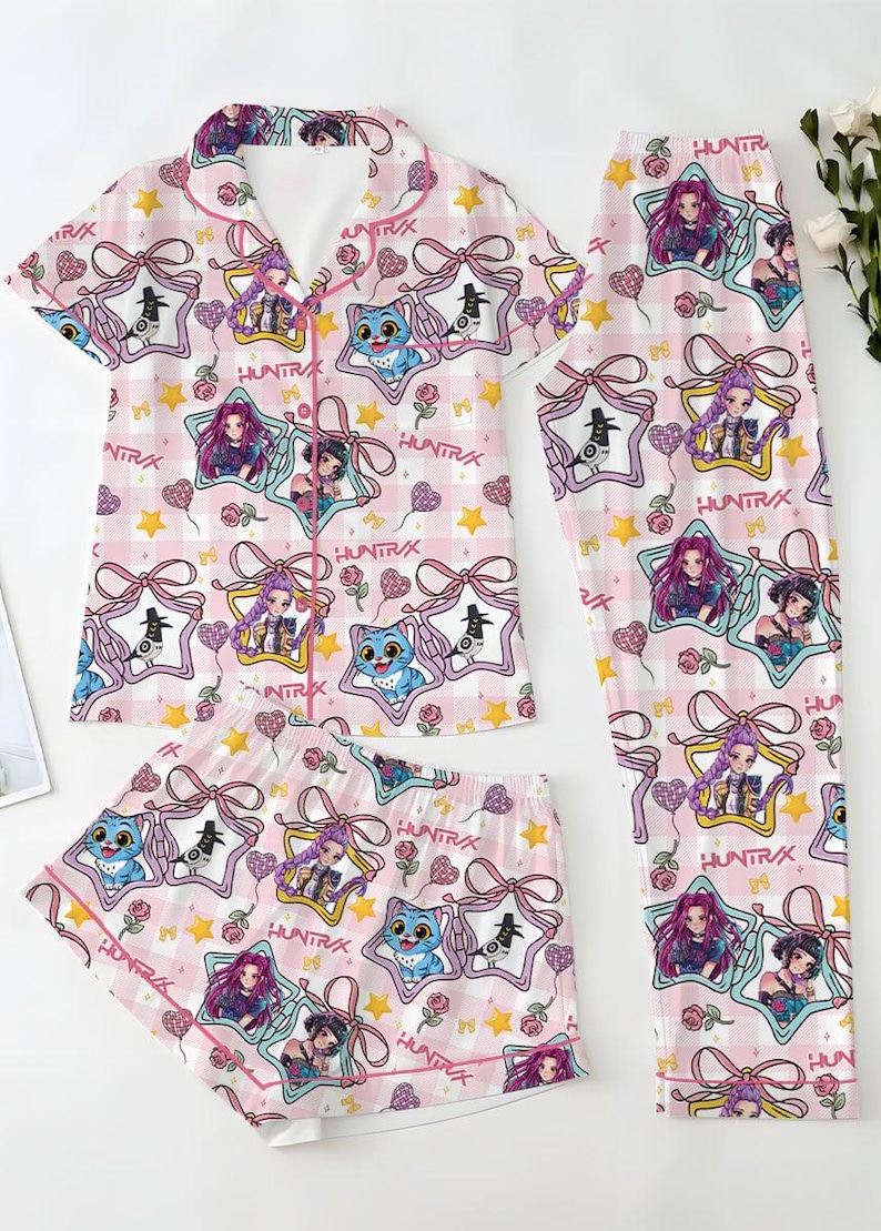 Pink Huntrix Kids Pajama Set, Cute KPop Girl Sleepwear, Girls Short Sleeve Button Up PJs, Soft Summer Kids Lounge Set Gift image 2