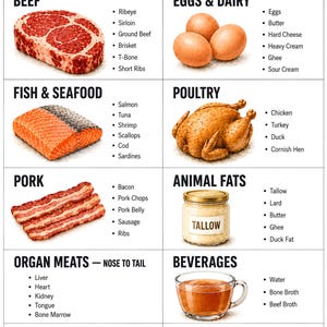 Carnivore Diet Food List Printable. Every carnivore food. One page. No second-guessing.