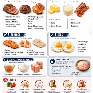 Może przedstawiać: Infografika Carnivore Food Cheat Sheet z ilustracją krowy oraz sekcjami dotyczącymi mięsa, drobiu, tłuszczów zwierzęcych, owoców morza, jaj i dodatków zwierzęcych. Zawiera listę produktów do spożycia i unikania oraz wskazówki dotyczące diety.