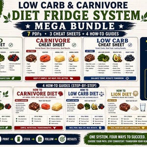 Low Carb Diet Mega Bundle | 7 Printable PDFs | Carnivore Keto Lion How-To Guides + Cheat Sheets + 14-Day Trackers