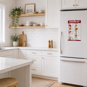 Carnivore diet food list chart on a fridge door in a bright white kitchen.