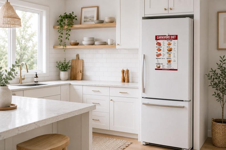 Carnivore diet food list chart on a fridge door in a bright white kitchen.