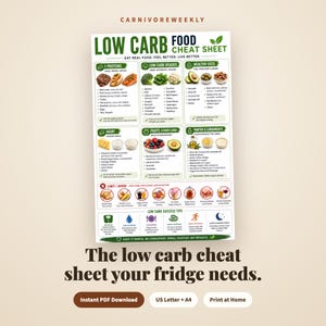 Low Carb Food Cheat Sheet Printable | Allowed Foods List Chart | Healthy Eating Kitchen Poster PDF