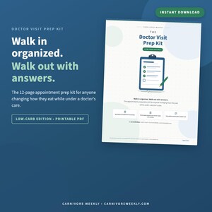 以下が含まれることがあります： 12ページの印刷可能なPDF形式の医師の診察準備キット「The Doctor Visit Prep Kit Low Carb Edition」。ドキュメントには、チェックリストと緑色のペンが描かれたクリップボードのグラフィックと、診察準備ツールに関するテキストが含まれています。
