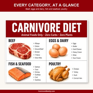 Carnivore diet food list printable, close up of the beef, eggs and dairy, fish and seafood, and poultry sections.