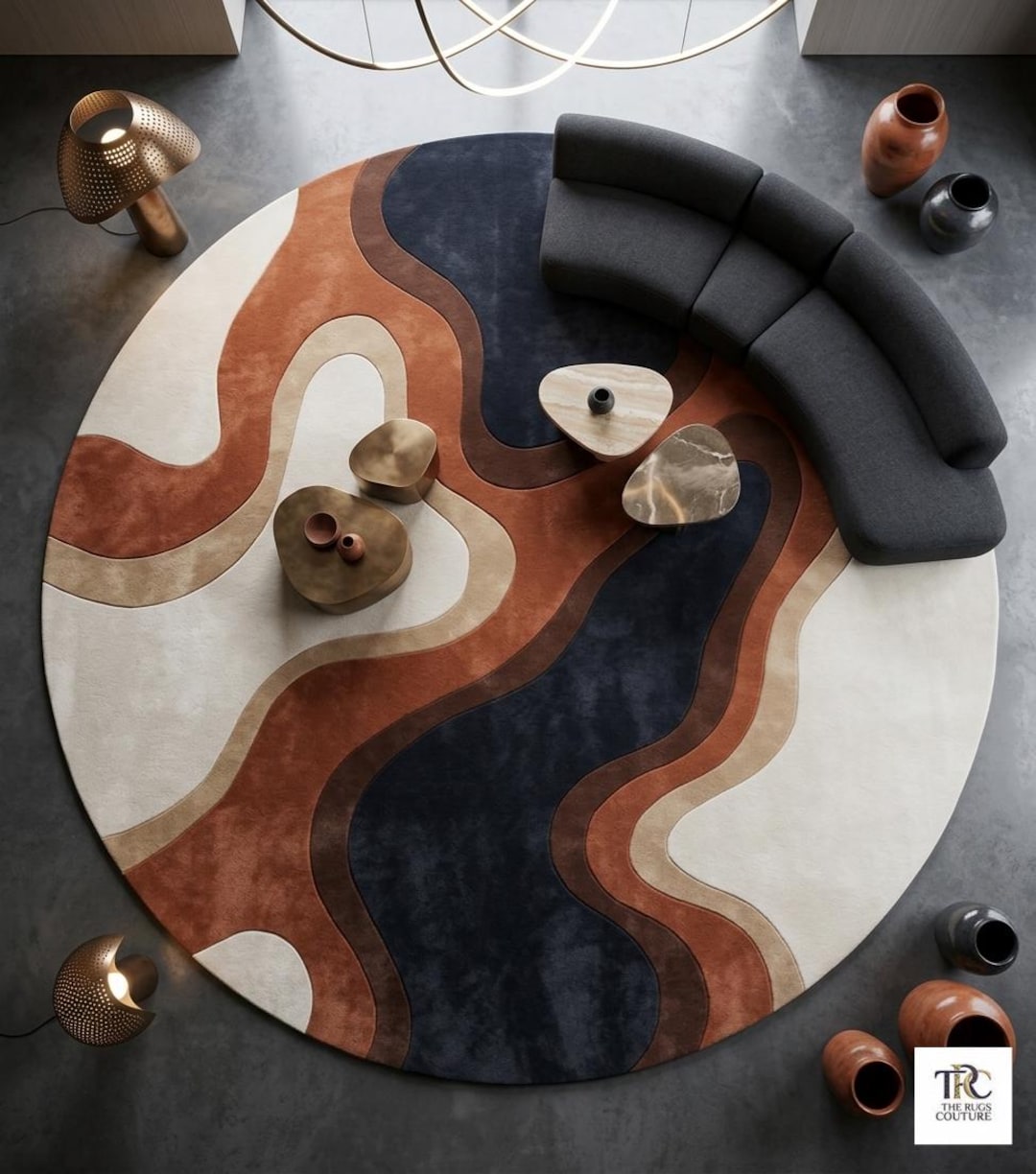 Modern Abstract Round Rug 5x5, Contemporary Geometric Area Rug, Neutral ...