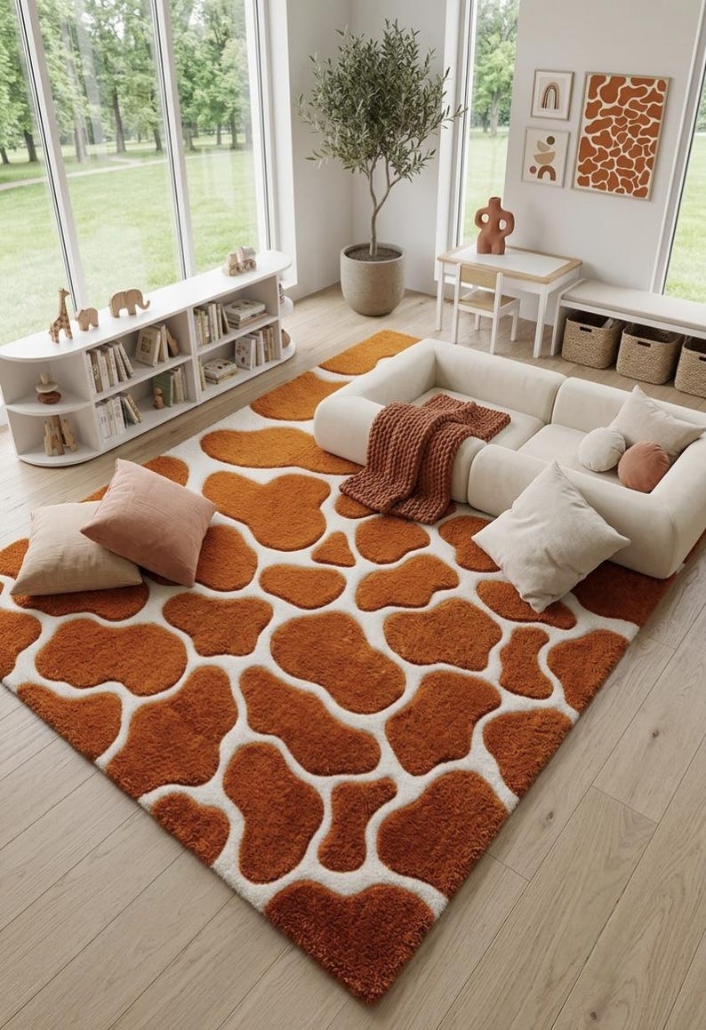 Orange Abstract Rug, Organic Blob Pattern Carpet, Modern White and Rust ...