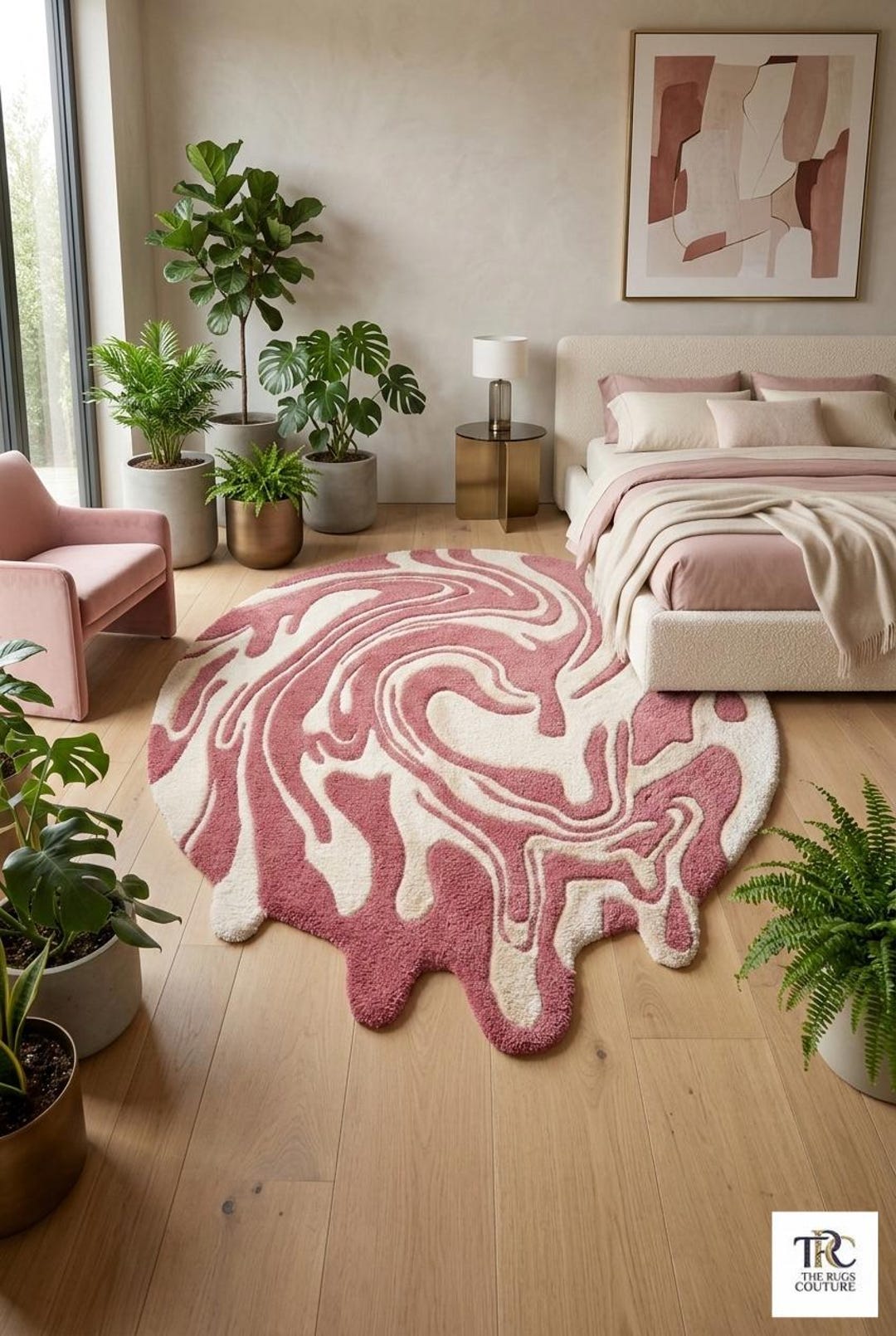 Pink Abstract Swirl Tufted Rug 5x7, Irregular Shape Area Rug, Modern ...