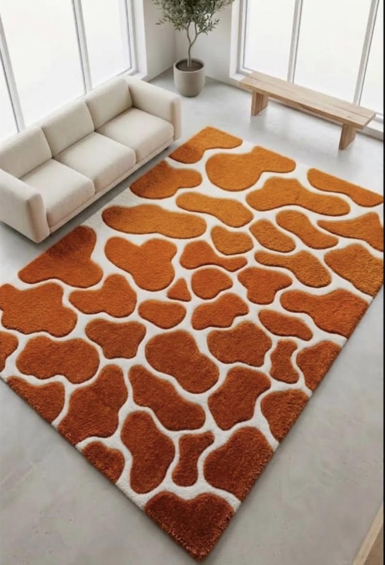 Orange Abstract Rug, Organic Blob Pattern Carpet, Modern White and Rust ...