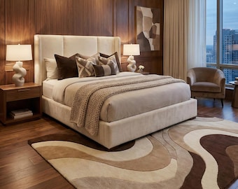 Modern Beige Brown Wave Design Hand Tufted Wool 8X10 Area Rug For Living Room, Abstract 5x8 Irregular Wavy Rug For Bedroom, 6x9 Kitchen Rug