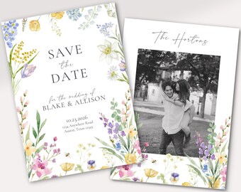 Floral Save-the-Date-sjabloon | Briefpapier lente bruiloft | Pastelkleurige minimale bruiloftsuitnodiging Save the Date | Digitale mock-up | Zomer | Tuin