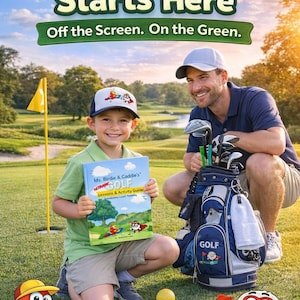 May include: Image of a young boy and an adult on a golf course. The boy holds a book titled "Ms. Birdie & Caddie's Ultimate Golf Lessons & Activity Guide." The text "Future Golfer Starts Here" and "Off the Screen. On the Green." are at the top.