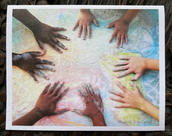 Original art photograph blank greeting card, hands of children, play together gift pack of 6, art heals, all are one, Nelson Mandela quote