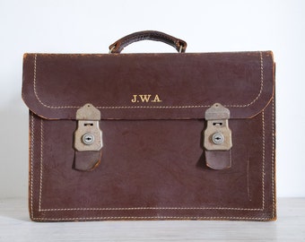 vintage dark brown leather expanding briefcase, initialled JWA