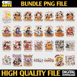 Può includere: Un pacchetto digitale di file PNG con varie illustrazioni di personaggi dei cartoni animati con il testo Halloween on the High Seas. La collezione include molteplici design colorati di personaggi in costume, navi da crociera e zucche.