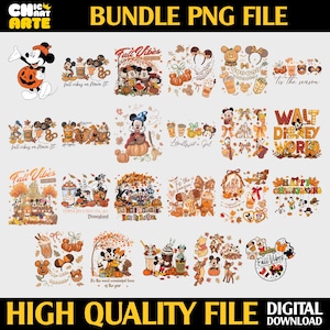 Puede incluir: Un paquete digital de archivos PNG con varias ilustraciones de temática otoñal de personajes de dibujos animados, calabazas, bebidas de café y follaje de otoño. Incluye elementos de texto como Fall Vibes, Tis the season y Walt Disney World.
