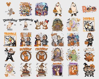 Niedliches Chipmunk-Halloween-Bundle (PNG), Magisches Schloss-Gruselnacht-Clipart, Süßes-oder-Saures-Cartoon-Design, Chip-und-Chap-Halloween-Bundle (PNG)