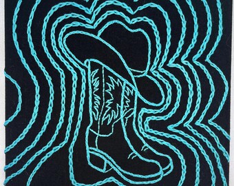 Cowgirl Hand Stitched Embroidery Wall Art, Western Boot and Hat