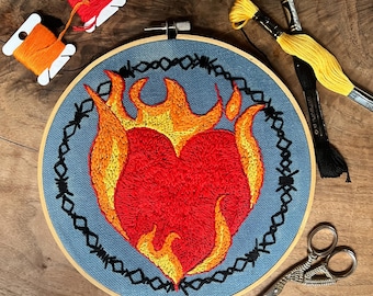 Heart on Fire Hand Stitched Embroidery Wall Art
