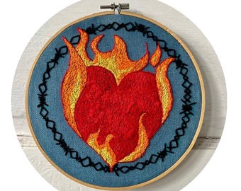 Wild at Heart Embroidery Pattern: Beginner Hand Stitch Tutorial, Heart Flames (Digital Download)