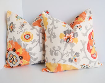 Set Of Two Pillow Covers 18x18, Outdoor Pillow Covers- Orange Grey Ivory Outdoor Covers