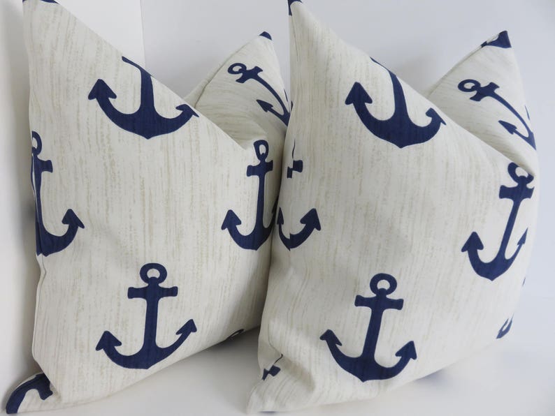 Outdoor Blue Marine Pillows Outdoor Pillows Pillow Covers-Anchor Blue Marine Pillow Covers Cream Blue Outdoor Pillows 16x16/18x18/20x20 image 3