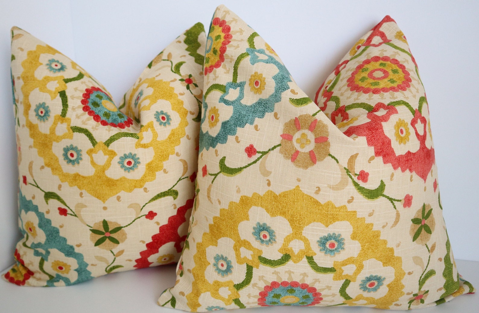 2 Suzani Pillow Covers Yellow Suzani Pillow Green Suzani Etsy