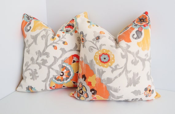 Set of Two Pillow Covers 16x16 Silsilia Outdoor Orange Grey Ivory Pillow Covers Outdoor Pillows Etsy