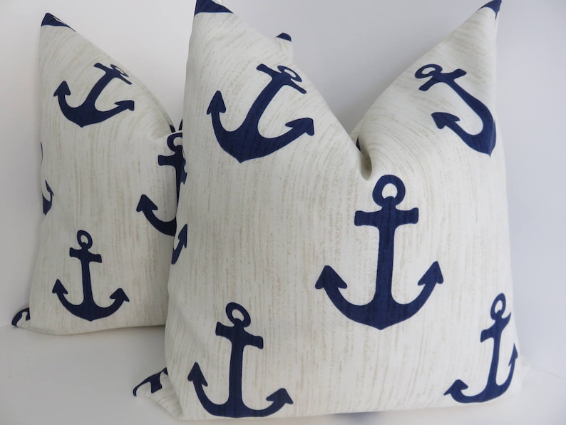 Outdoor Blue Marine Pillows Outdoor Pillows Pillow Covers-Anchor Blue Marine Pillow Covers Cream Blue Outdoor Pillows 16x16/18x18/20x20 image 1