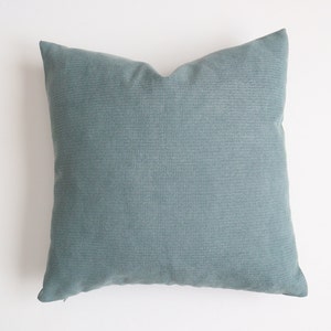 May include: A soft, light blue throw pillow with a subtle textured fabric. The pillow is square and has a zipper closure.