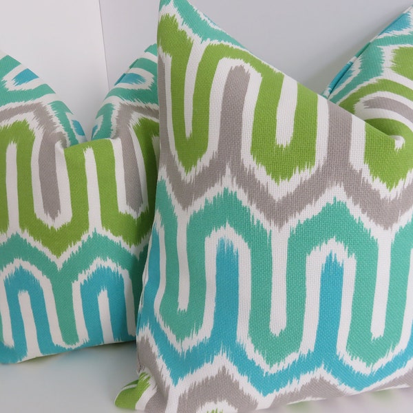 Outdoor/Indoor Turquoise Green Grey Pillow covers- Outdoor Print Pillow Covers- Aqua Grey Cream Pillows - Pillow Covers- Turquoise Pillows