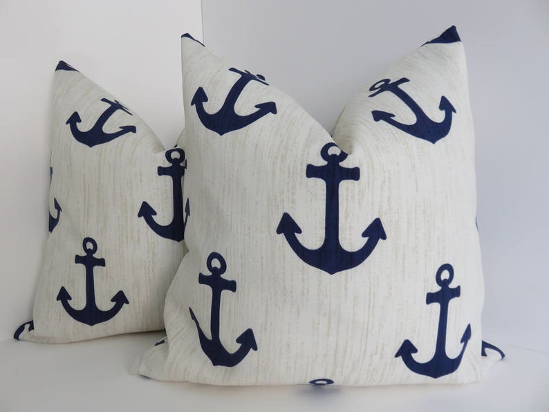 Outdoor Blue Marine Pillows Outdoor Pillows Pillow Covers-Anchor Blue Marine Pillow Covers Cream Blue Outdoor Pillows 16x16/18x18/20x20 image 2