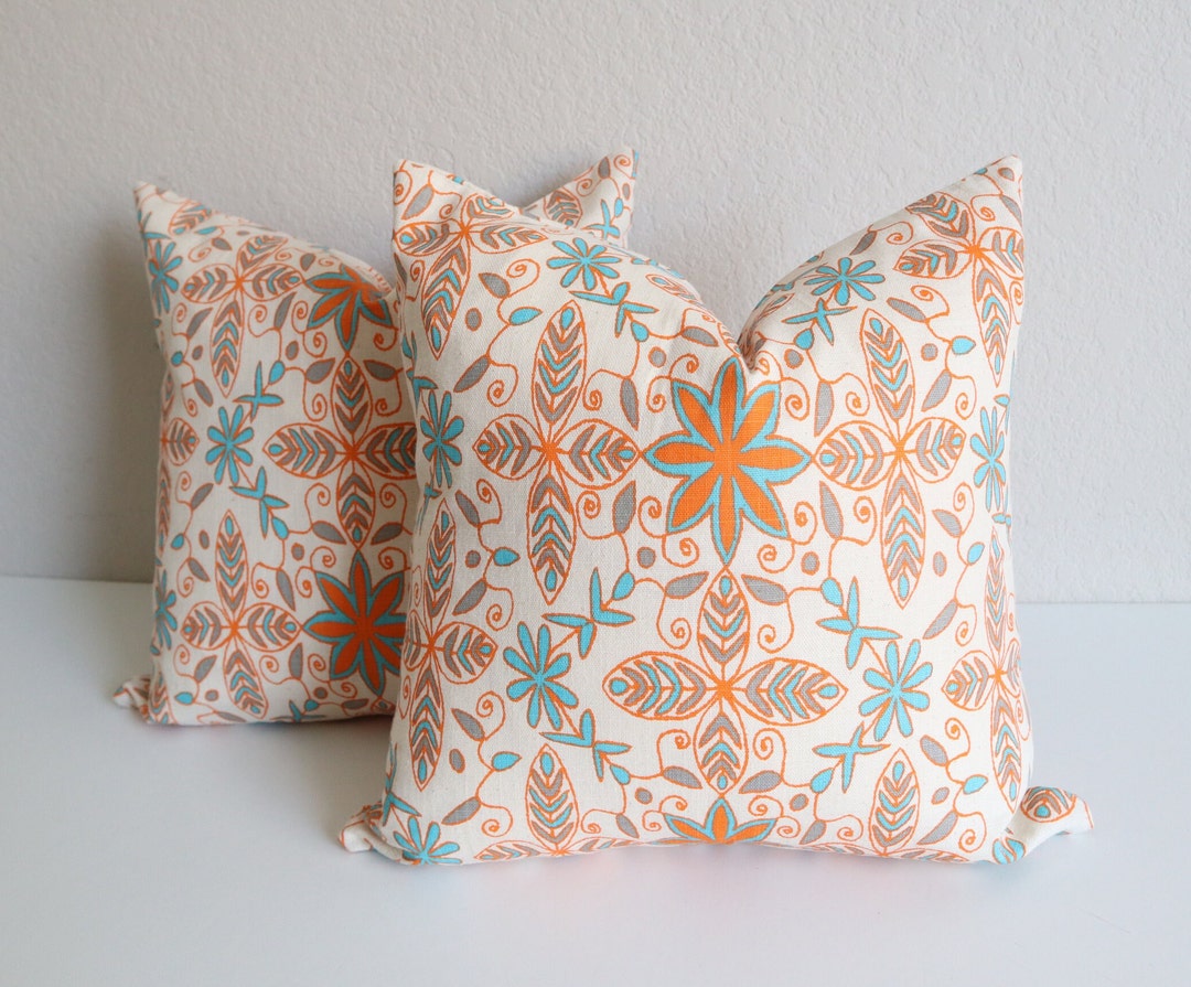 Set of Two Orange Cream Pillow Covers, Aqua Orange Pillow Covers