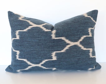 Funda de almohada lumbar azul ikat de 30x45 cm, almohada marroquí zafiro, cojín decorativo beige índigo, almohada decorativa estilo granja bohemia